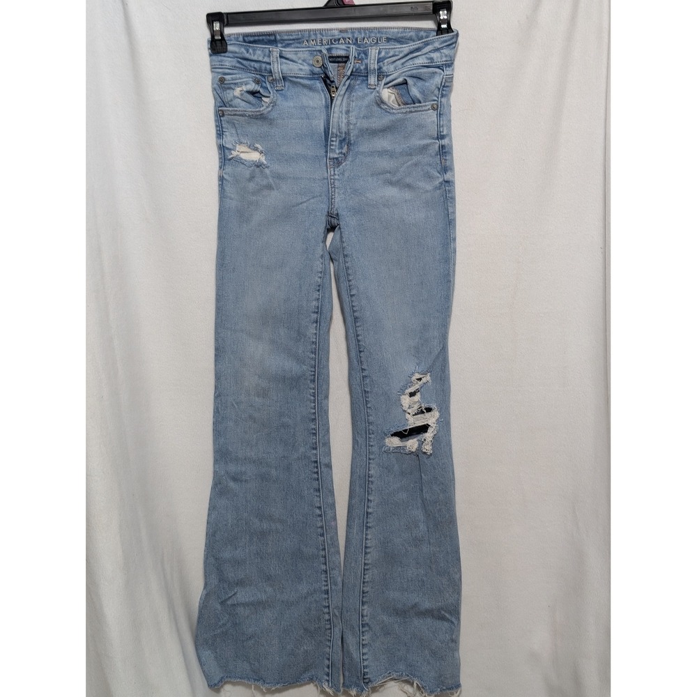 American Eagle Next Level Stretch Flare Jeans Light Wash Distressed Raw Hem 2R